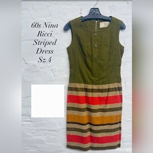 Vintage Nina Ricci Striped Dress Size 4 Olive Geen 1960s 60s Mademoiselle Ricci